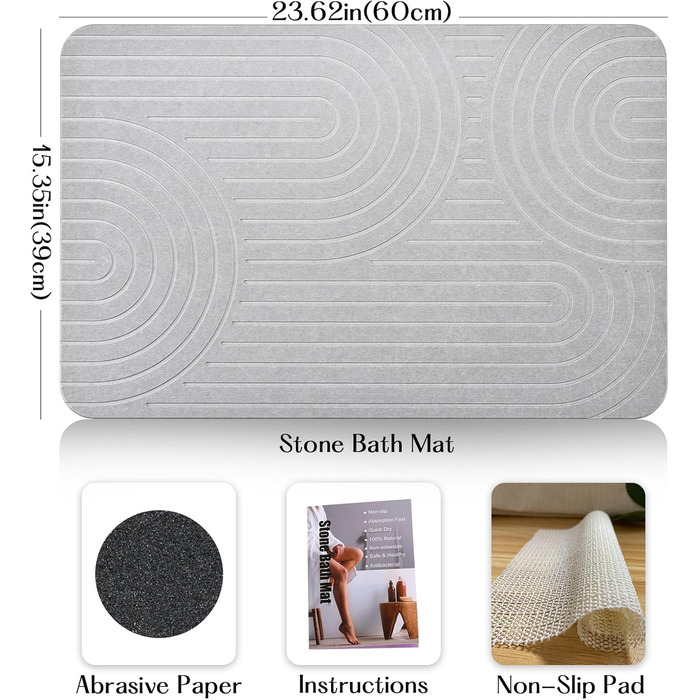 Amilutuo Badematte Stein, Diatomite Stone Bath Mat, Non-Slip Stone Bath Mat, Quick-Drying Stone Bath Mat (LightGrey B, 60 x 39 cm) Lightgrey B 60 x 39 CM