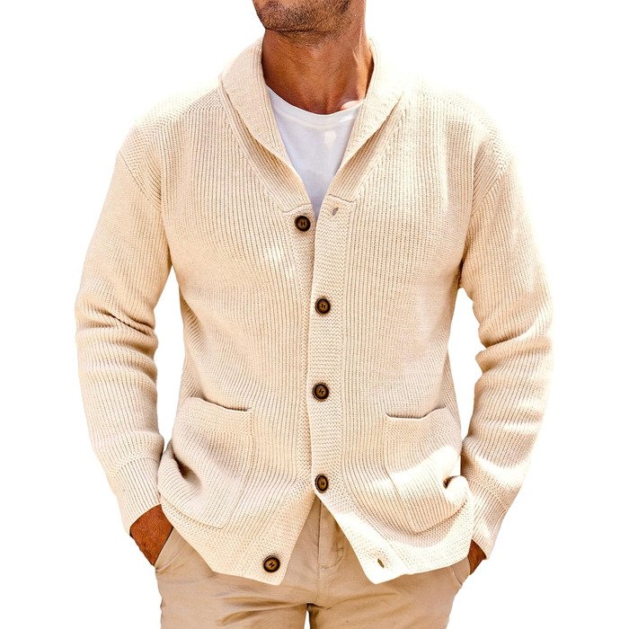 Чоловічий в'язаний кардиган Runcati з коміром-шарфом, рельєфним візерунком, ґудзиками, для зими, великий, з кишенями (M, Бежевий)