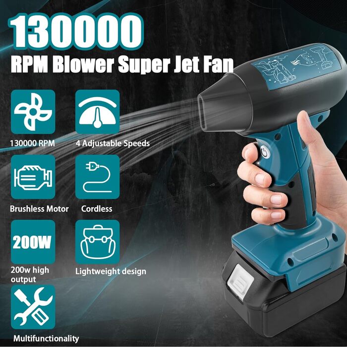 Mini Blower Jet Fan Compatible with Makita 18v Battery, 130000 RPM Cordless Air Duster with 4-Stage Control for Car Dust Cleaning, Outdoor BBQ Leaf Cleaning, Sofa & Pet Hair Cleaning