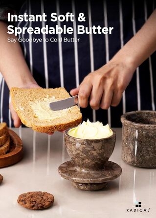 Butterhalter handcrafted marble butter crock for the kitchen - as a utensil holder and for cold cheese, Grey Oceanic
