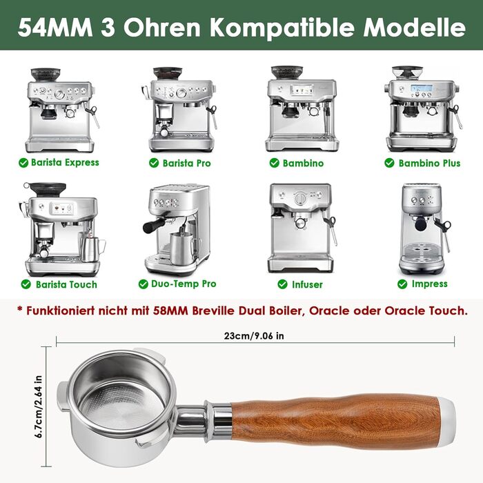 Бездонний портафільтр 54 мм з трьома вушками для кавомашин Breville Barista BES870/878/880, з двома фільтраційними кошиками та ручкою з горіха