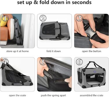 Транспортний бокс для тварин Petprsco з м'якими стінками, 3-дверний, складаний, з ременями, 60x42x42 см, сірий