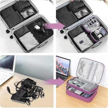 Органайзер для кабелів AiQInu: універсальна дорожня сумка-кубик, 3 шари, водонепроникний, для кабелів, power bank, USB, SD карт (фіолетовий)