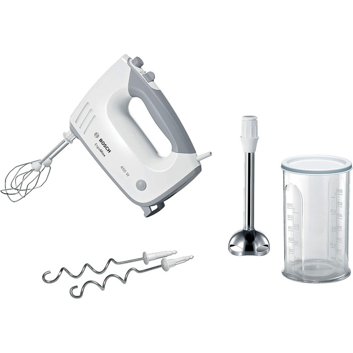 Bosch Hand Mixer ErgoMixx MFQ36470, 2 whisks, 2 stainless steel dough hooks, stainless steel mixing foot, mixing bowl, 5 speeds plus turbo setting, 450 W, white/gray