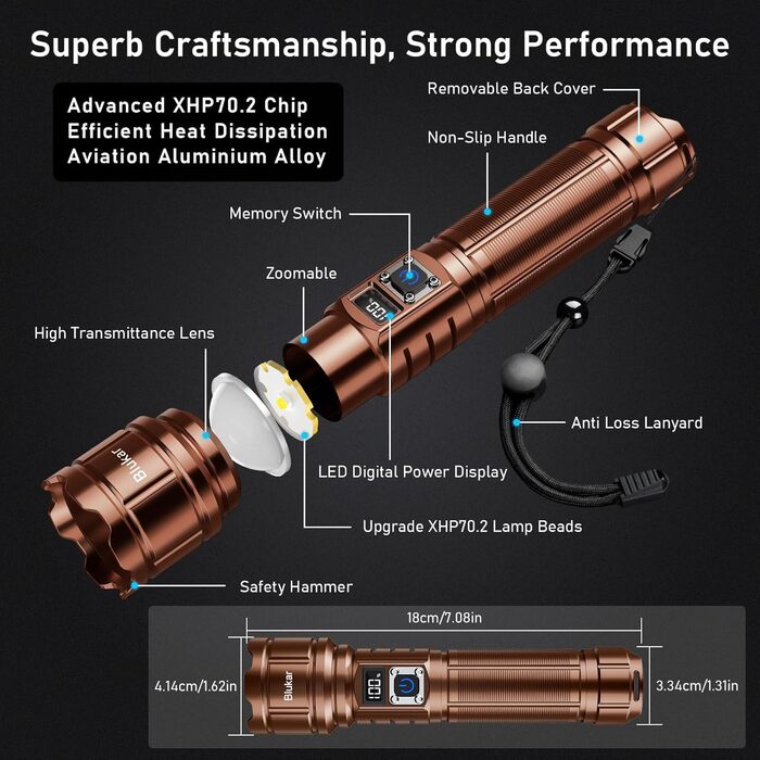 Ліхтар LED Blukar, перезарядна, надзвичайно яскравий, з функцією зуму, 5 режимів, водонепроникний IP67, для кемпінгу та активного відпочинку (колір: коричневий)