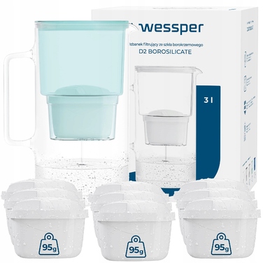 Скляний фільтр-кувшин Wessper D2 BOROSILICATE 3л, м'ятний + 10 фільтрів
