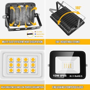 RIGIDON 2x 75W LED Floodlights Outdoor, 7500LM Outdoor Floodlights, 3000K Warm White IP66 Waterproof LED Floodlight, Outdoor Lamp for Garden, Courtyards, Garage, Hotel, Sports Field, Workshop (2 x 10W)