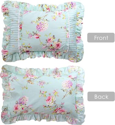 FADFAY Pillow Covers in Farmhouse Style, Roses and Hydrangeas Blue-Green, Striped, Elegant Country Style, 100% Cotton, Vintage Style, Lace, Ruffles, Bedding, Pillowcases, exquisite