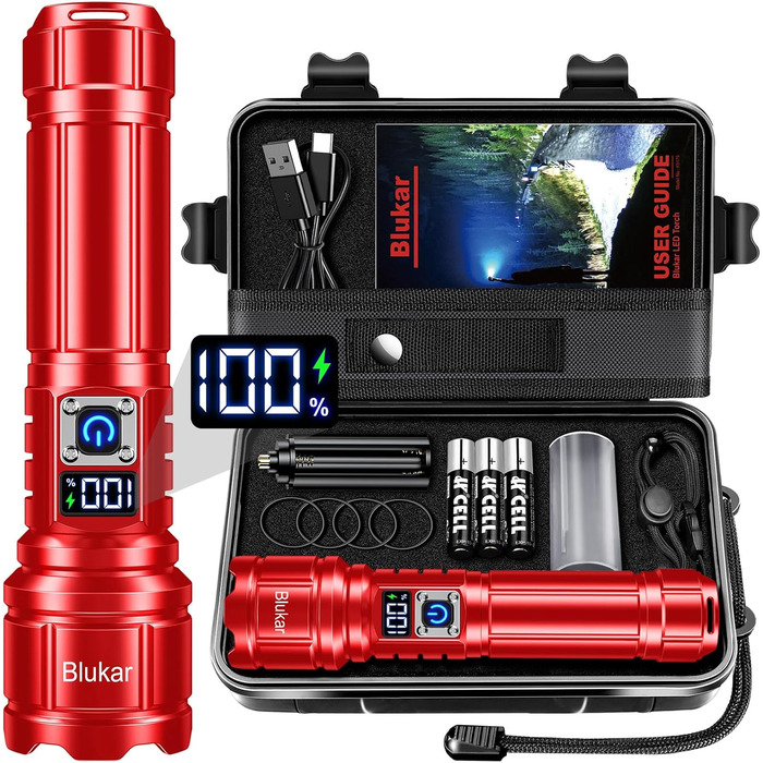 LED ліхтарик Blukar: перезарядна модель, екстремально яскравий, з функцією зуму, 5 режимів, водонепроникний IP67, для кемпінгу та надзвичайних ситуацій (червоний)