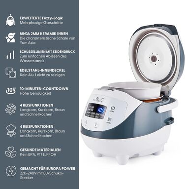 Yum Asia Panda Mini Rice Cooker with Ninja Ceramic Bowl and Advanced Fuzzy Logic (3.5 Cups, 0.63 Liters) 4 Rice Functions, 4 Multicooker Functions, 220–240V White / Grey