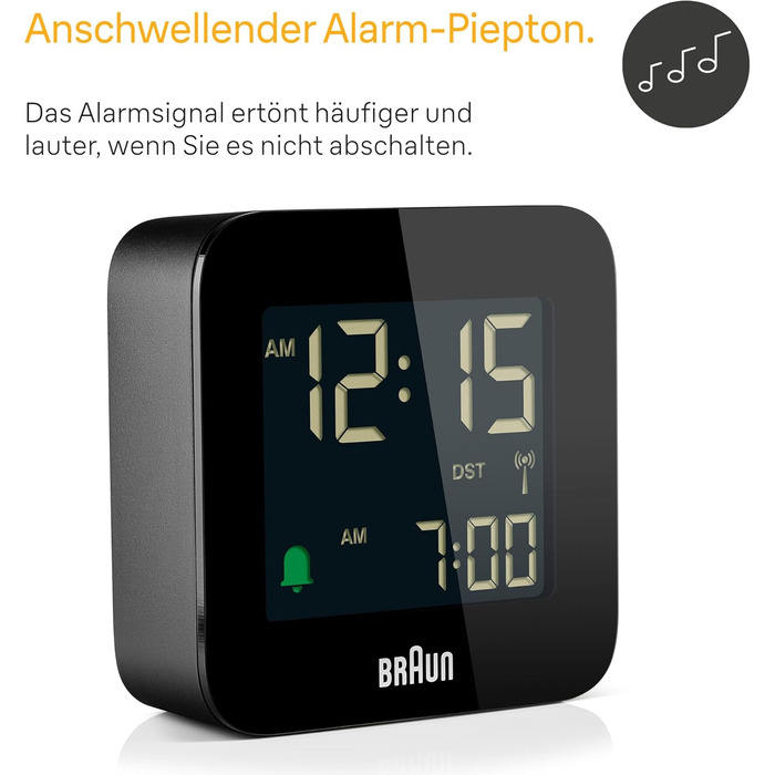 Braun Digital Travel Alarm Clock, Central European Time (CET) zone with snooze function, compact size, negative LC display, crescendo alarm in black, model BC08B-DCF.