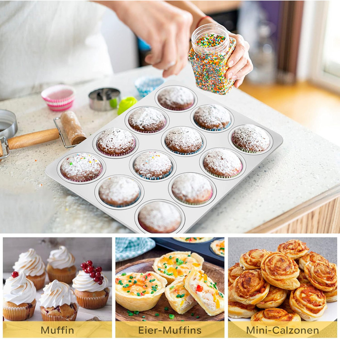 Joyfair Muffin Tin, Stainless Steel Muffin Pan for 12 Muffins, Muffin Baking Pans 35 x 27cm, Muffin Baking Pan for Cupcakes, Brownies, Pudding, Cake, Non-Toxic & Healthy, Oven & Dishwasher Safe