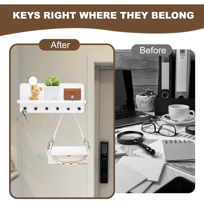 Дерев'яне ключниця з полицею та 6 гачками, ключниця на стіну для прихожого, коридору, кухні (білий)