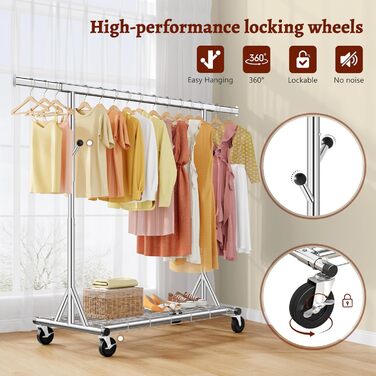 Стійка для одягу на колесах FAVOOOSTY, металева, мобільна, до 200 кг, швидка установка, срібна