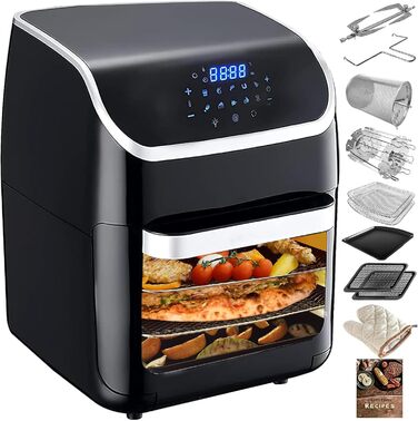 PRIJESSE Аерофритюрниця 12 л, багатофункціональна, 1800 Вт, LED-екран, 10 програм, з функціями підтримки тепла та дегідратора, з рецептурником і аксесуарами