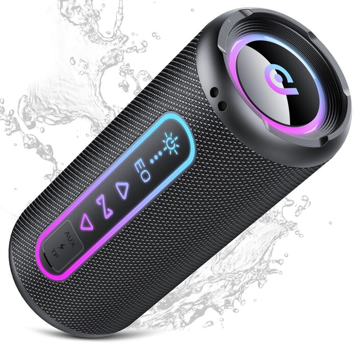Bluetooth колонка з підсвіткою 25W, Bluetooth 5.4, Dual Bass, 24 год, IPX7 водонепроникна, портативна колонка для вечірок, подорожей, AUX/TF, Чорна