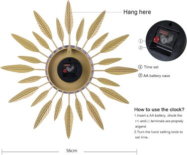 Стіна годинник Lafocuse Gold 56 см, безшумний металевий, сучасний арт-деко з променистими пір'ями для вітальні, спальні, кухні