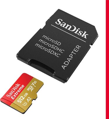 Карта пам'яті SanDisk Extreme microSDXC 512GB з адаптером, швидкість читання до 190МБ/с, Class 10, UHS-I, U3, V30