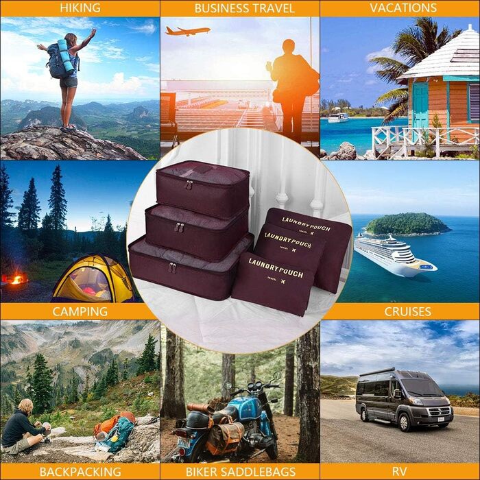 Органайзер для валізи Vicloon, набір 8/6 шт. - пакувальні куби, аксесуари для подорожей, косметички, сумочки для взуття (Бордовий)