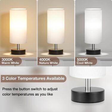 Kakanuo Настільна лампа з 3 колірними температурами, біла лампа з вимикачем, бавовняний абажур, маленька настільна лампа для вітальні, спальні, офісу, дитячої кімнати (LED лампа в комплекті), A-білий+чорний (A-білий+чорний-2 шт.)