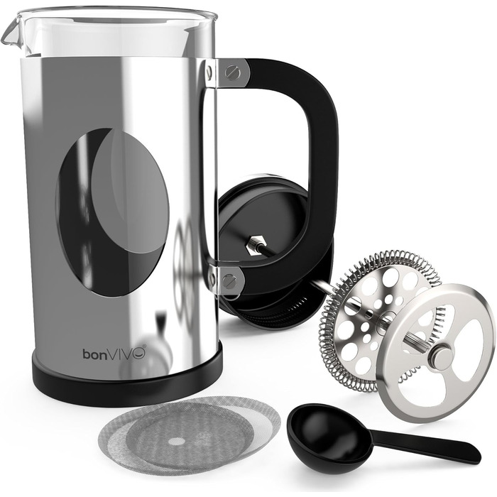 bonVIVO GAZETARO French Press - кавоварка френч-прес з нержавіючої сталі, скляна колба, 8 чашок (срібло)