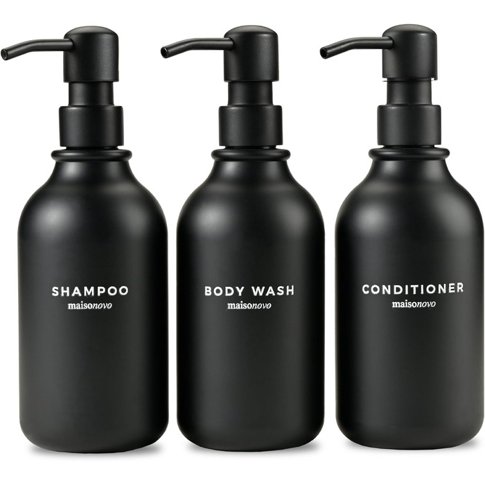 Шампунь MaisoNovo: Набір з 3 флаконів (500 мл) для самостійного наповнення, дозатор з чорним насосом, настінний кріплення, прозорий колір