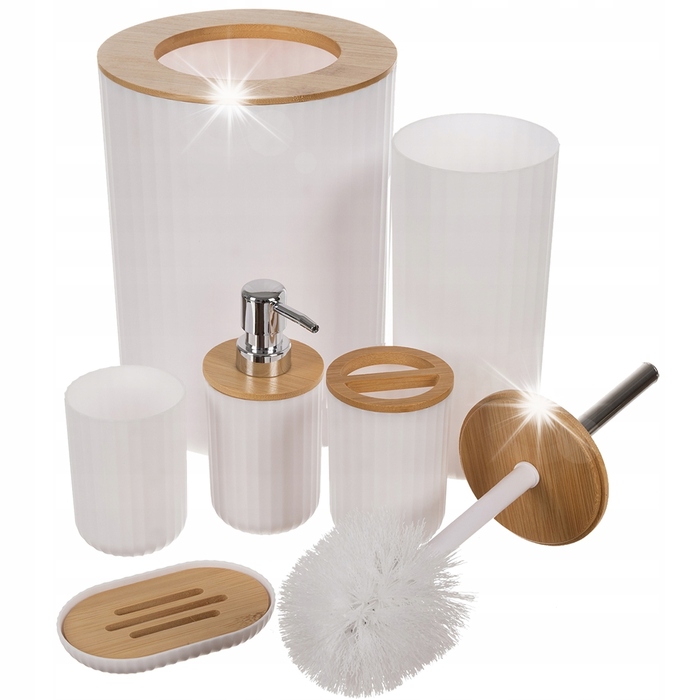 Набір аксесуарів для ванної кімнати RUHHY (6 предметів), білий з деревом: кошик, йоржик для туалету, дозатор, комплект