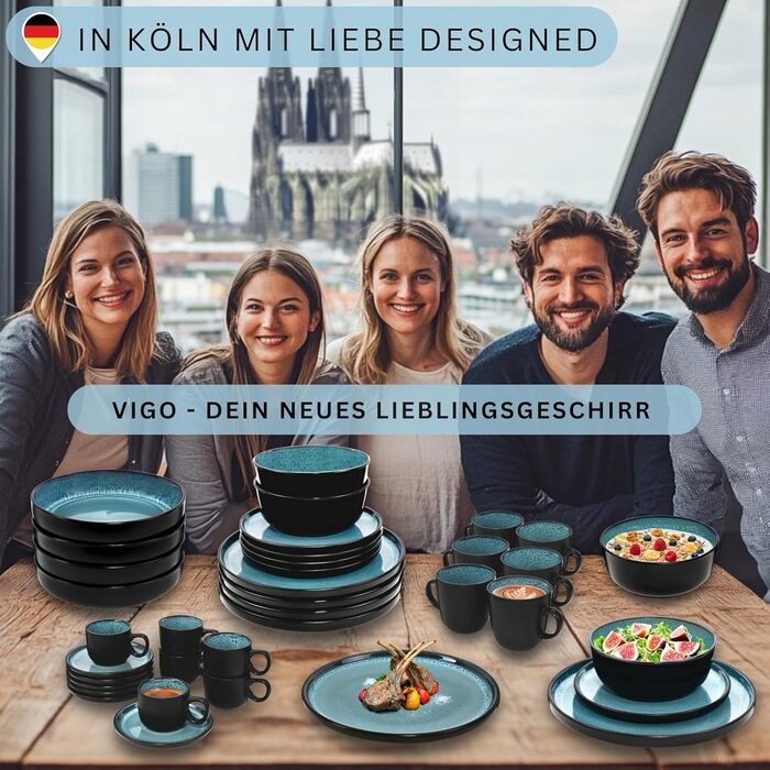 Набір посуду SÄNGER Vigo (18 предметів) | Керамічний набір посуду на 6 осіб | Тарілки, миски, десертні тарілки | Bluе з чорним бордюром, стійкий до подряпин