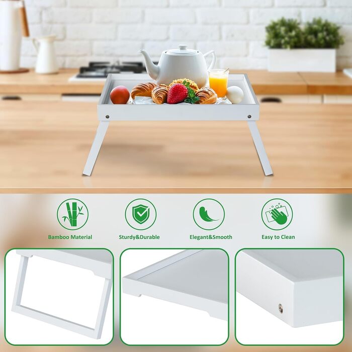 Набір з 2 столів для сніданку в ліжку з бамбука: піднос для їжі, ноутбука, сервірування (білий)