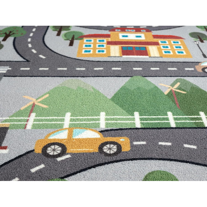 Дитячий килим Happy Life: Ігровий килим з малюнком дороги, джунглі, тварини та машинки, антиковзкий, 80x150 см (Сірий, прямокутний 120x160 см)