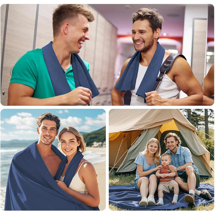 Набір з 3 рушників з мікрофібри: великий 180x90 см та 2 маленькі 80x40 см. Швидковисихаючі рушники з мікрофібри для спорту, подорожей, басейну та пляжу (темно-синій)