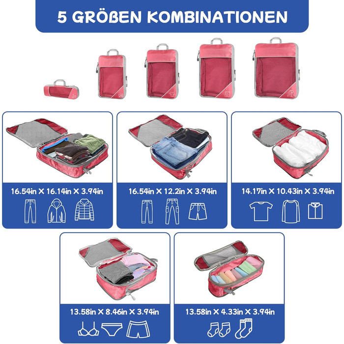 Набір органайзерів для валізи Kompressions Packwürfel (5 шт.) рожевого кольору - компресійні куби для подорожей, легкі сумки для зберігання, органайзер для рюкзака та валізи