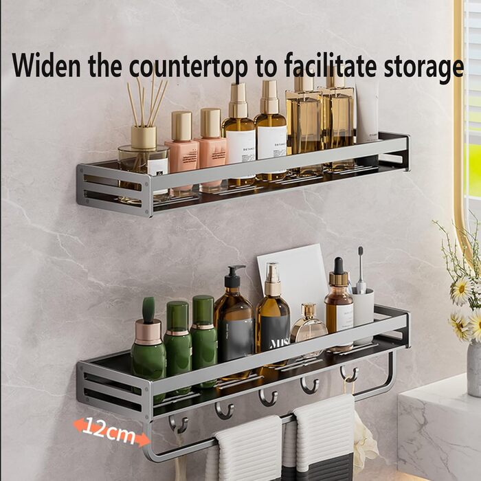 Настінна полиця для душу без свердління, сірий колір, 40x40 см. Організатор для ванної кімнати з великою місткістю та гачками