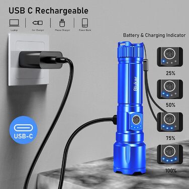 Ліхтарик Blukar LED акумуляторний, надзвичайно яскравий, з регулюванням фокусу, 5 режимів, водонепроникний IP67, для кемпінгу, туризму, риболовлі та надзвичайних ситуацій (Блакитний)