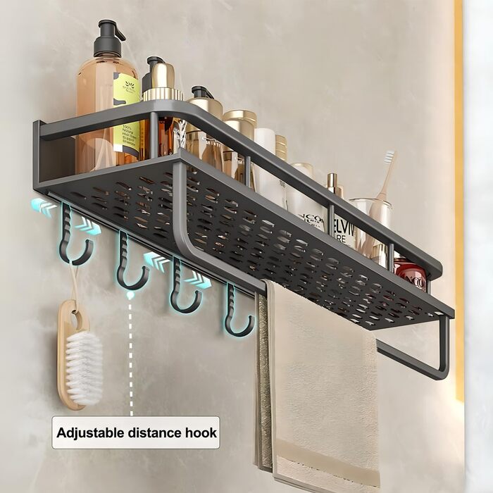 Поличка для душу Devesanter без свердління, 2 шт. - органайзер для ванної кімнати з тримачем для рушників та 6 гачками (60 см, сірий)