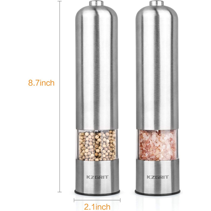 Електричні мельниці для солі та перцю (2 шт.) з LED-підсвіткою, керамічні жорна, регулювання помелу, нержавіюча сталь