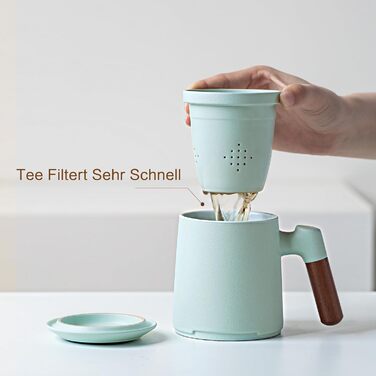 ZENS Teacup with Lid and Infuser, 360 ml Wooden Handle Teacup with Tea Strainer and Lid for Loose Leaf Tea, Matte Ceramic Teacups Gifts for Tea Lovers, Hand-Sprayed Light Green Glaze