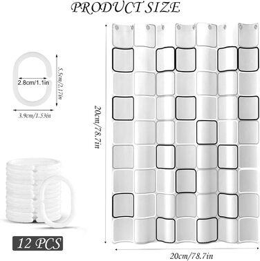 Шторка для душу 200x200 см, PEVA, антигрибкова, водонепроникна, пральна, з 12 кільцями, для душу та ванни