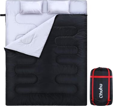 Спальний мішок Ohuhu на 2 особи, 220x150 см, для кемпінгу, подорожей, сімейного відпочинку та фестивалів (чорний, 3.5 кг)