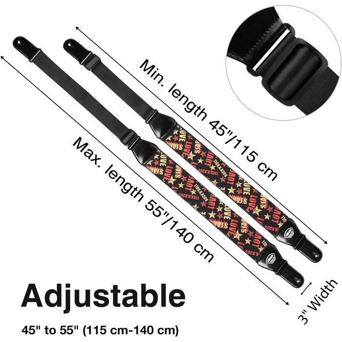 Гітарний ремінь LEKATO з 3D неопреновим наповнювачем, ширина 3 дюйми, довжина 114–139 см, регульований ремінь для бас-гітари та електрогітари з шкіряними кінцями