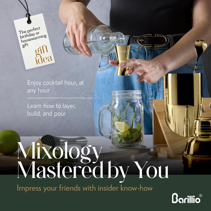 Набір для бармена Barillio: шейкер, мікшер, аксесуари для коктейлів, бамбукова підставка, дозатор для лікеру, стіл для мохіто, дерев'яний пестик, ложка для перемішування, джиггер, рецепти (золотий)