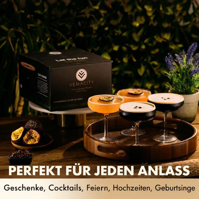 Набір з 4 елегантних келихів для Еспресо Мартіні Vemacity | Ручна робота | Келихи для шампанського, коктейлів, Маргарити | Ідеально для подарунка