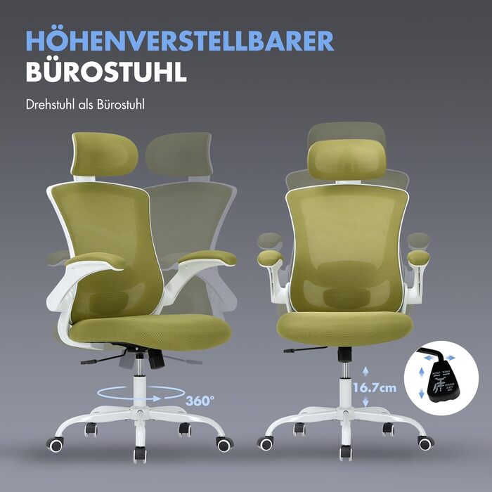 Офісне крісло Colamy з ергономічною підтримкою спини, регульованою підголівником та поперековою підтримкою, поворотне, (Зелений, Classic)