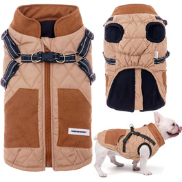 Dog coats with harness, winter warm jacket windproof pet clothing with pocket design snowsuit dog coats for small to medium dogs (M, Khaki)