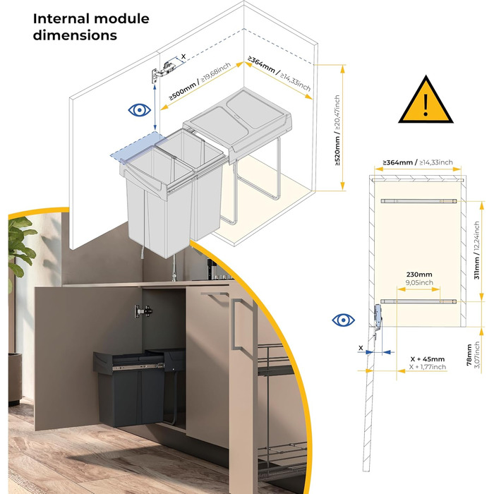 Відро для сміття на кухню Emuca з нижнім кріпленням, 2 висувні контейнери по 20 л, загальний об'єм 40 л (2 x 20 л), сталь та пластик, сірий (антрацитовий сірий).