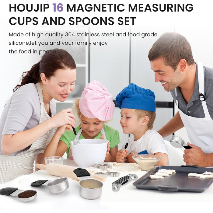 Magnetic Measuring Cup and Spoon Set, Durable 304 Stainless Steel, Double Measuring Markings, 16-Piece Set with Leveler for Measuring Dry and Liquid Ingredients (Color)