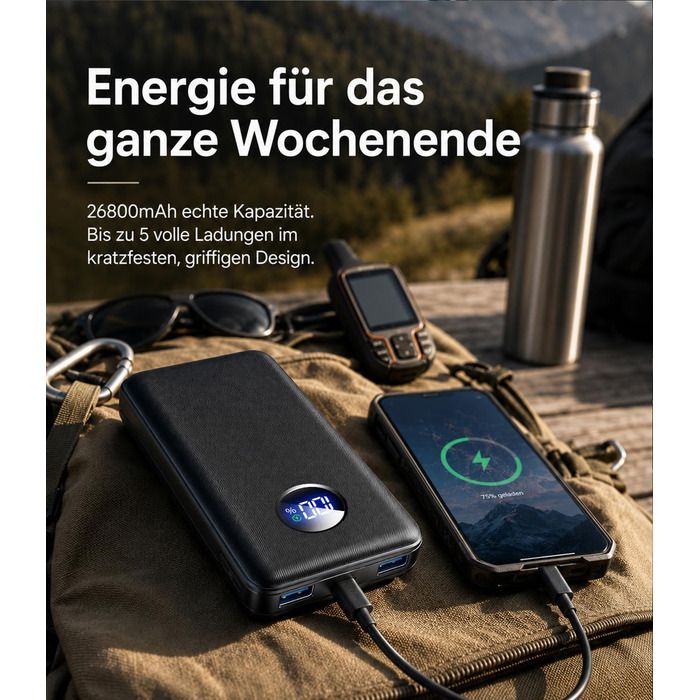 Power Bank 26800mAh 22.5W з 3 портами (USB-C PD 3.0, QC 3.0, USB-A) – Зовнішній акумулятор для iPhone, Samsung, iPad, компактний, авіаперевезення