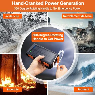 Портативний зарядний пристрій Powerbank 26800 mAh з сонячною панеллю та ручкою, 4 кабелі, USB-C, швидка зарядка, 7 виходів, 4 входи, для мобільного телефону, водонепроникний, зовнішній акумулятор для кемпінгу, оранжевий