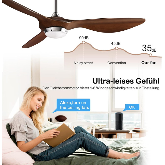 Стеляний вентилятор Reiga 132 см з LED-підсвічуванням та пультом керування, тихий реверсивний DC мотор, 6 швидкостей, керування через додаток, колір коричневий, лопаті з імітацією дерева
