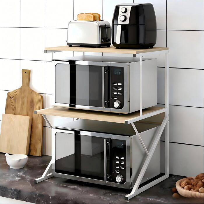 Поличка для мікрохвильової печі, кухонна поличка на стільницю, органайзер для мікрохвильової печі, тостера та аерофритюрниці, багатофункціональна кухонна поличка для оптимізації простору (дуб/3 яруси) (волоський горіх/3 рівні)